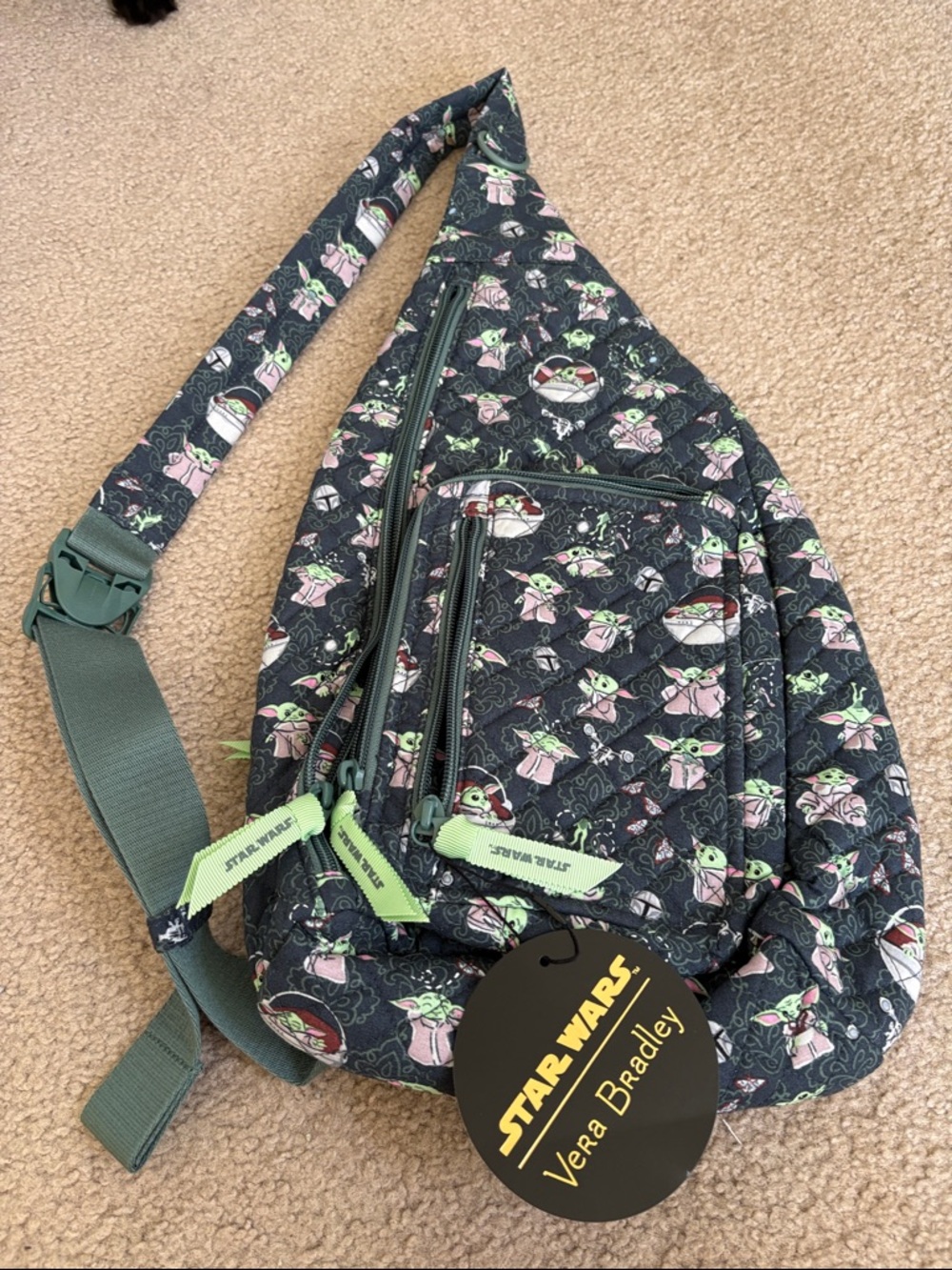 Vera Bradley Grogu Sling Bag in Black, Green & Pink